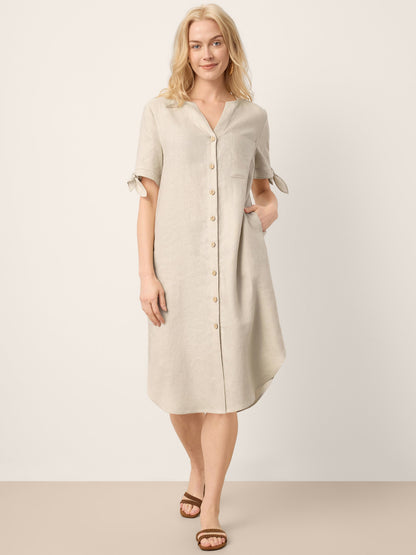 100% Linen Button-Front Tie Cuff V-Neck Shirt Dress HONORIA