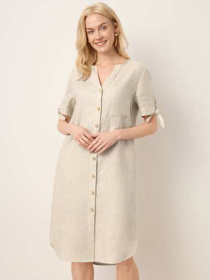 100% Linen Button-Front Tie Cuff V-Neck Shirt Dress HONORIA