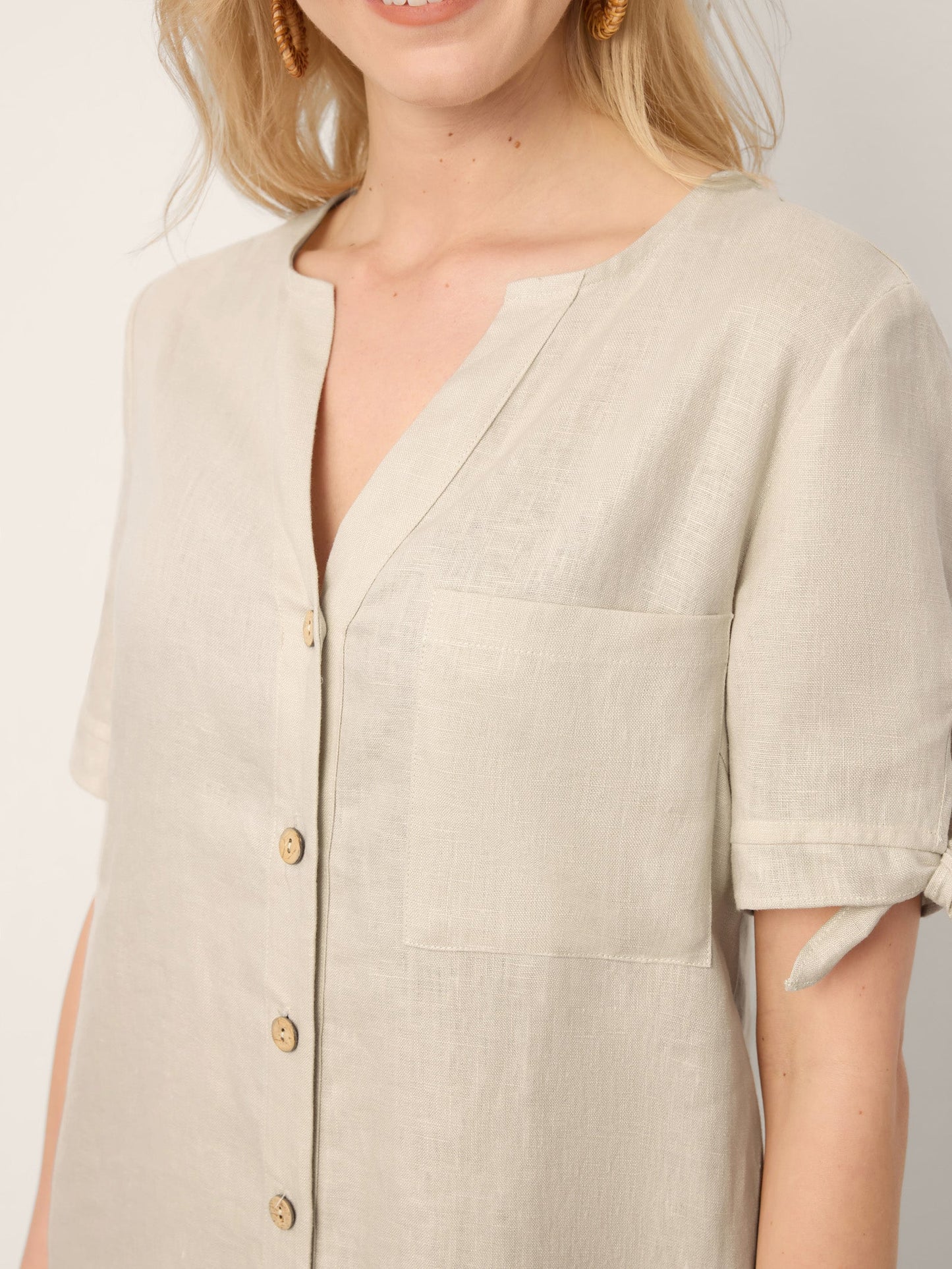 100% Linen Button-Front Tie Cuff V-Neck Shirt Dress HONORIA