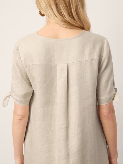 100% Linen Button-Front Tie Cuff V-Neck Shirt Dress HONORIA