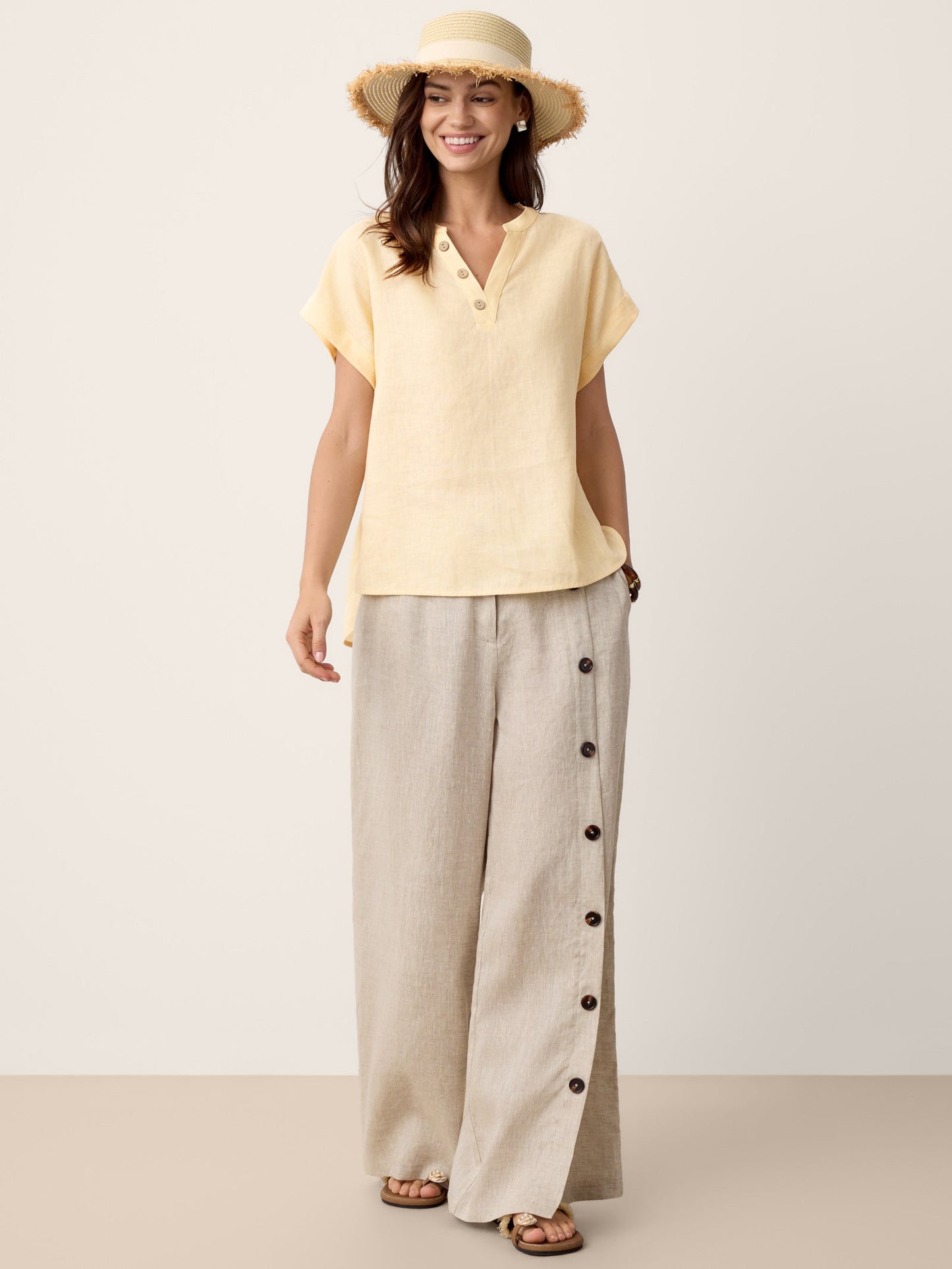 100% Linen Buttoned Slit-Hem Pants KATYA