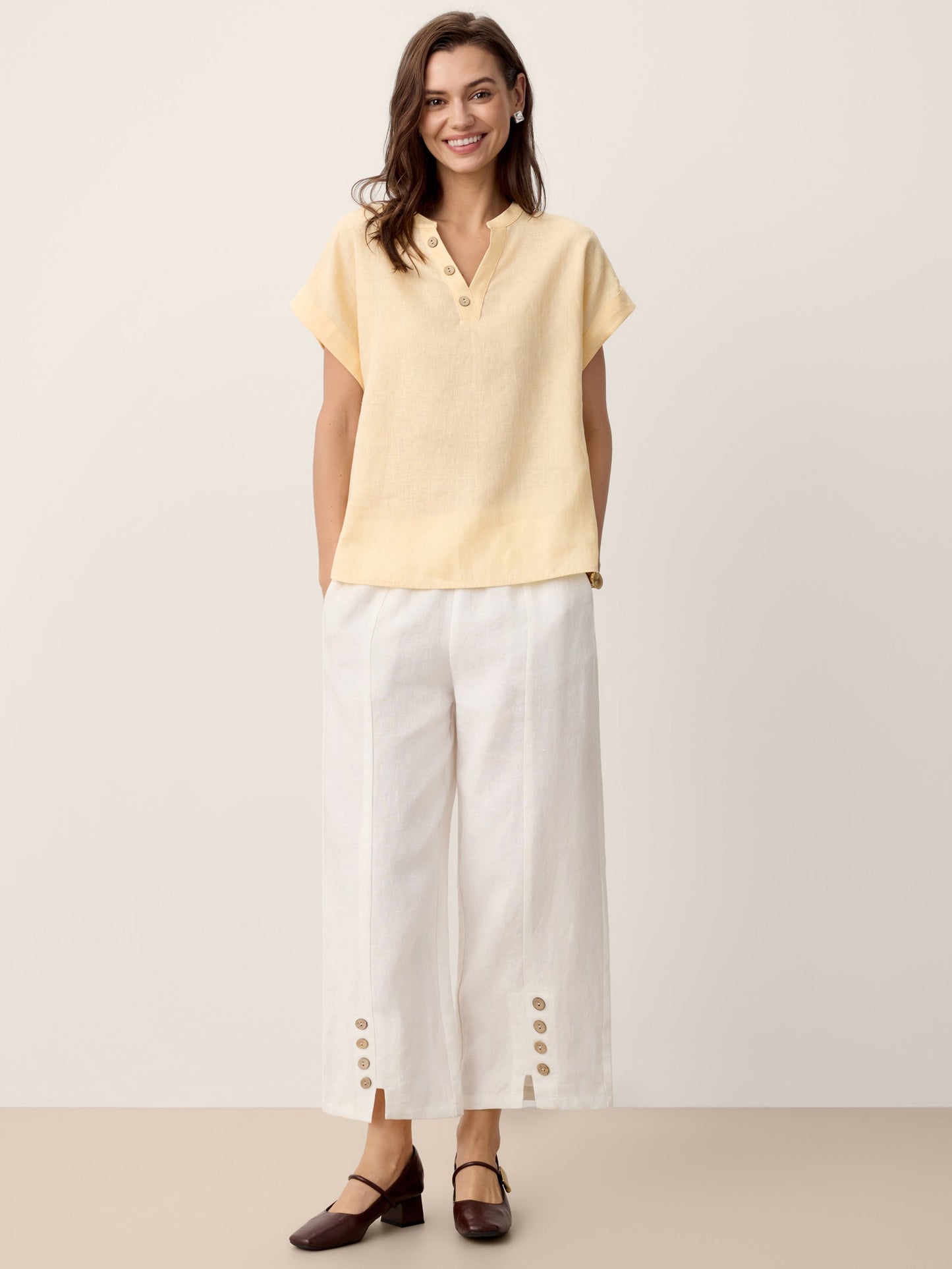 100% Linen Buttoned Split-Hem Pants ALINA