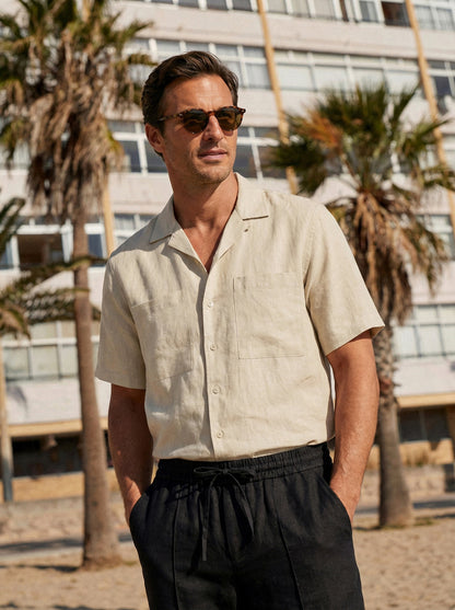 100% Linen Camp-Collar Elbow-Sleeve Shirt HENRY