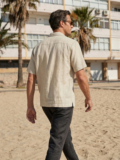 100% Linen Camp-Collar Elbow-Sleeve Shirt HENRY