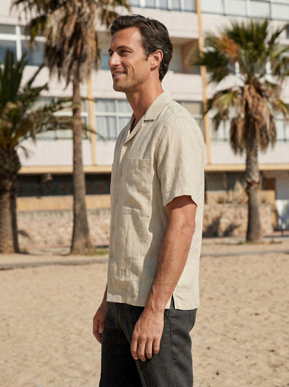 100% Linen Camp-Collar Elbow-Sleeve Shirt HENRY