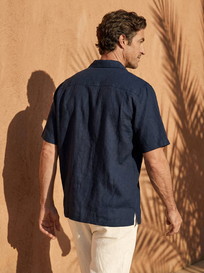 100% Linen Camp-Collar Elbow-Sleeve Shirt HENRY