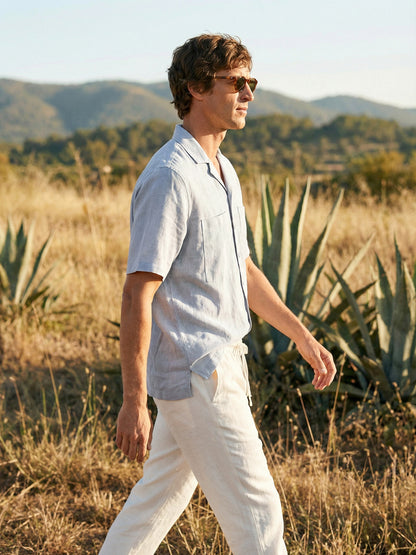 100% Linen Camp-Collar Elbow-Sleeve Shirt HENRY