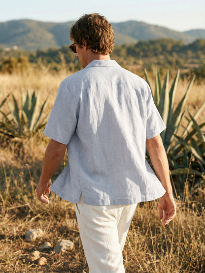 100% Linen Camp-Collar Elbow-Sleeve Shirt HENRY