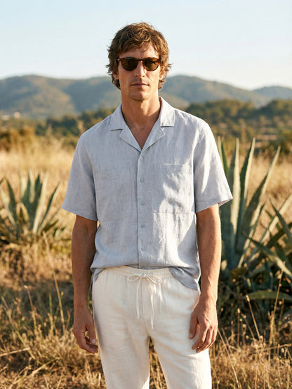 100% Linen Camp-Collar Elbow-Sleeve Shirt HENRY