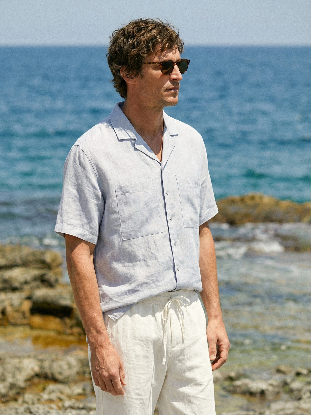 100% Linen Camp-Collar Elbow-Sleeve Shirt HENRY