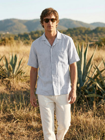 100% Linen Camp-Collar Elbow-Sleeve Shirt HENRY
