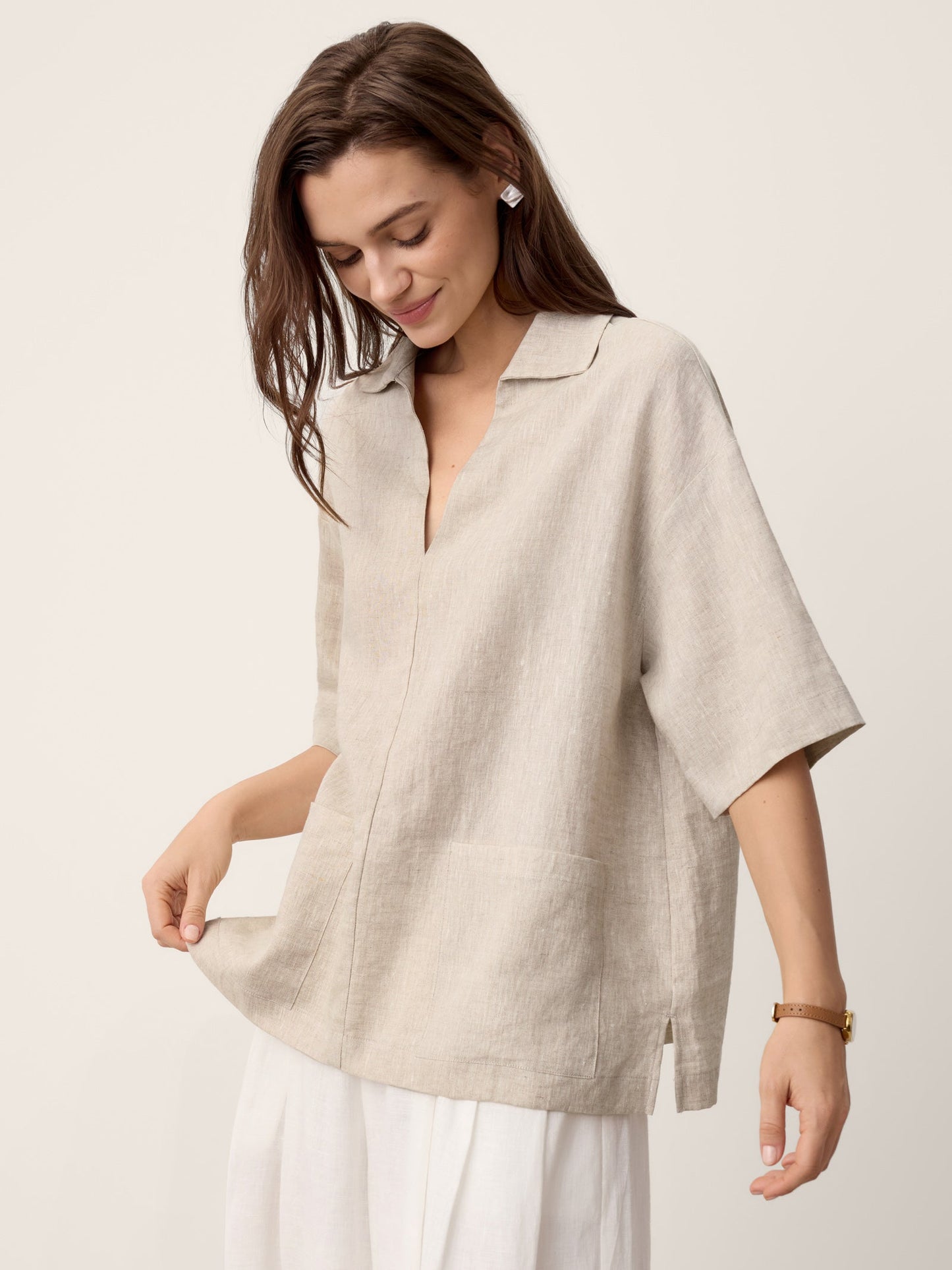 100% Linen Camp-Collar Patch-Pocket Top BRENNA