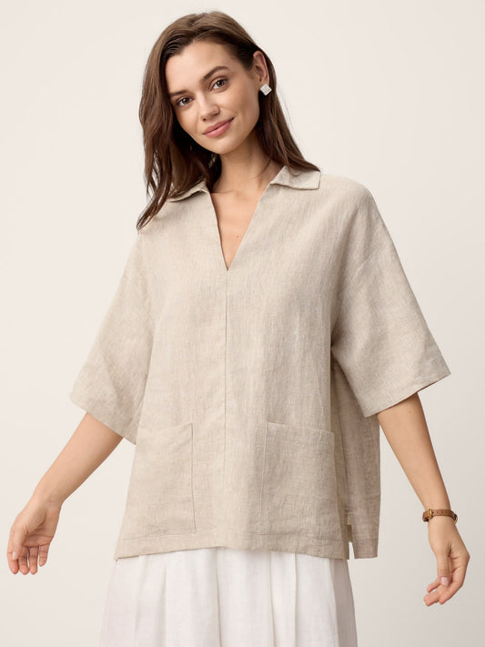 100% Linen Camp-Collar Patch-Pocket Top BRENNA