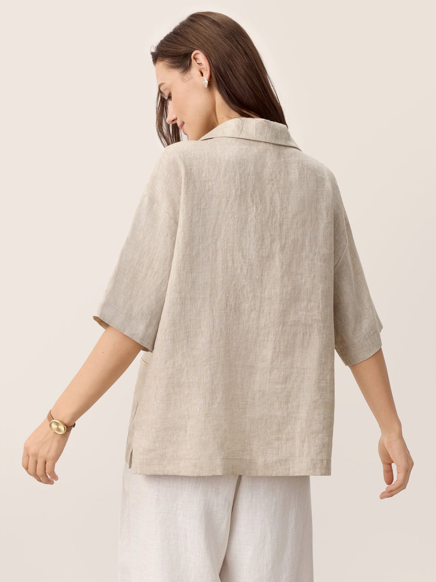 100% Linen Camp-Collar Patch-Pocket Top BRENNA