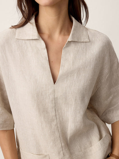 100% Linen Camp-Collar Patch-Pocket Top BRENNA