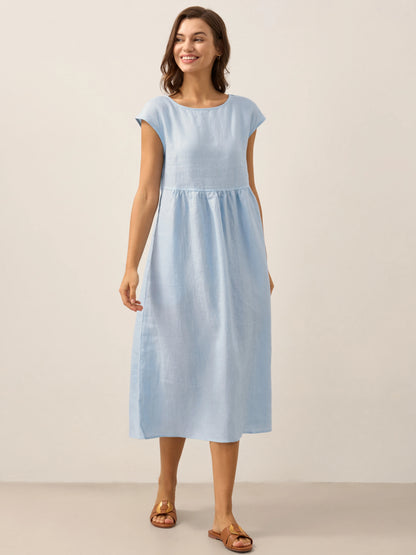 Linen Striped Cap Sleeve Washed Midi Dress JOAN