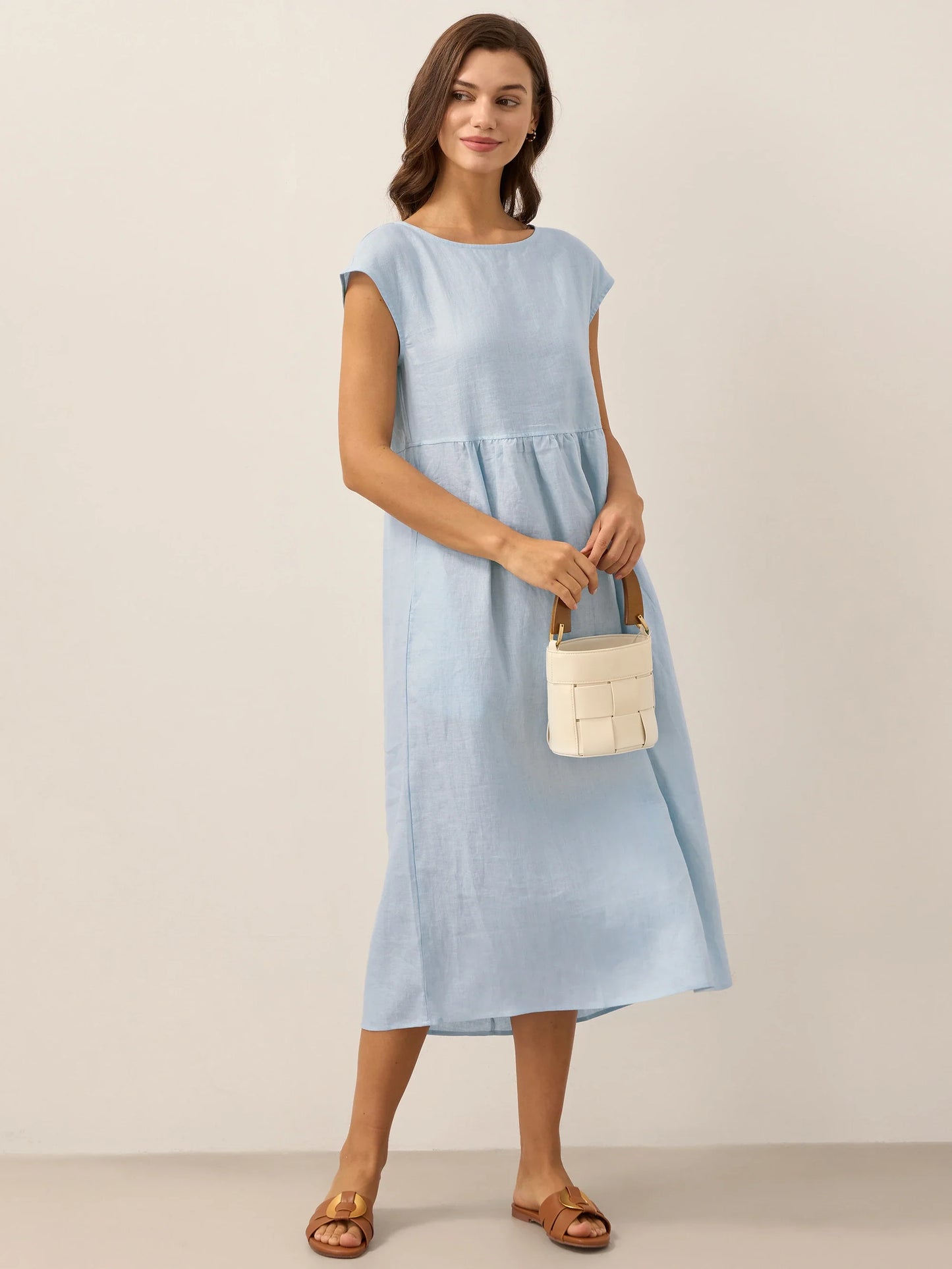 Linen Striped Cap Sleeve Washed Midi Dress JOAN