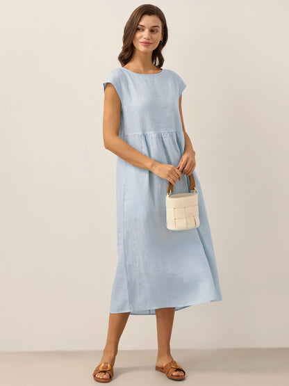 100% Linen Cap Sleeve Washed Midi Dress JOAN