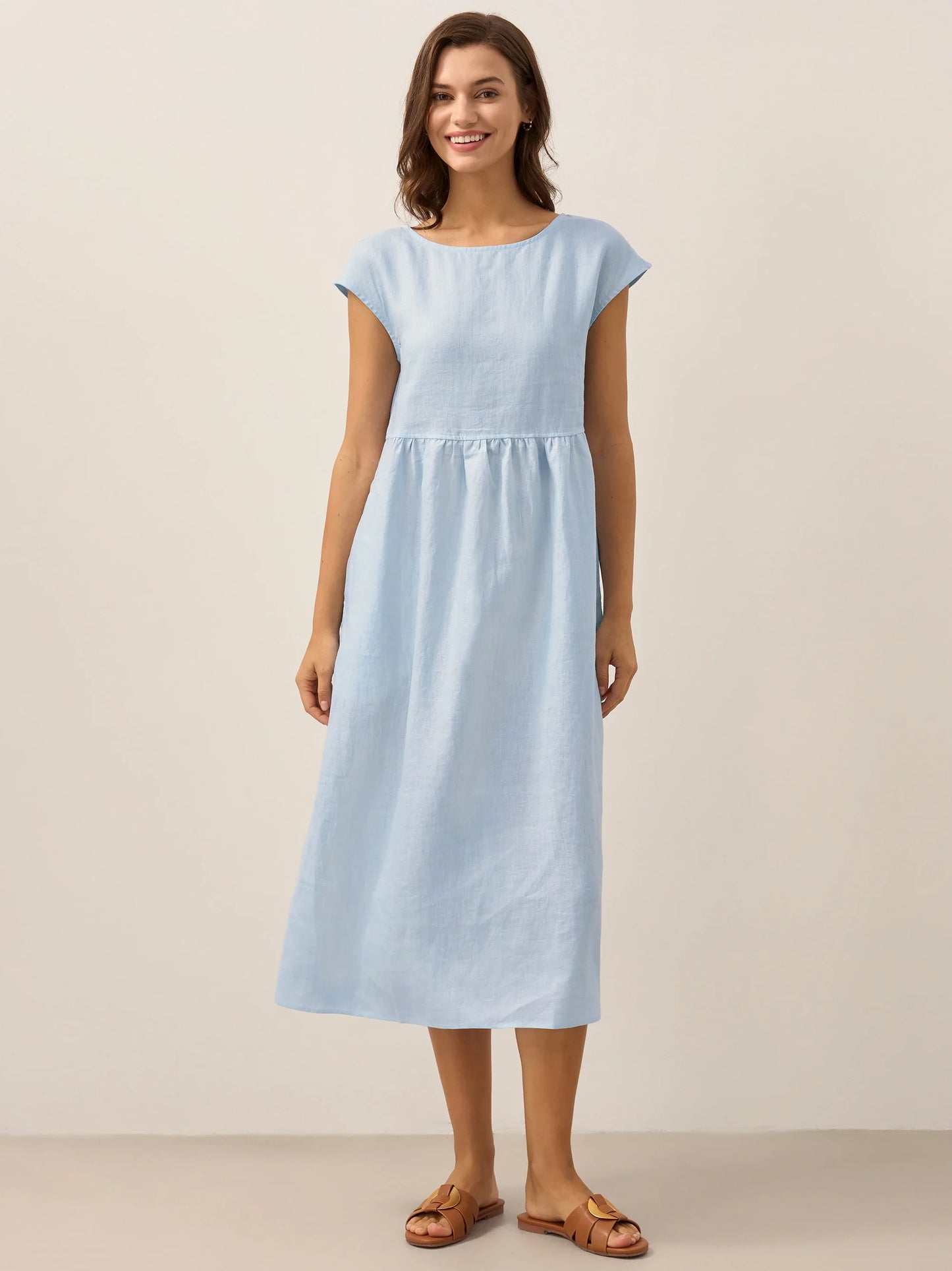 Linen Striped Cap Sleeve Washed Midi Dress JOAN