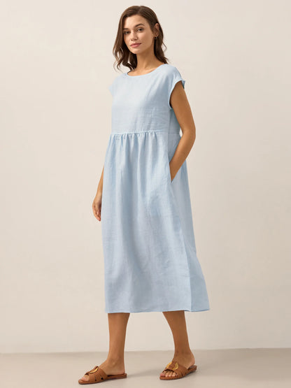 Linen Striped Cap Sleeve Washed Midi Dress JOAN