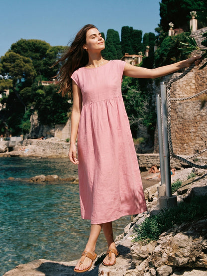 Linen Striped Cap Sleeve Washed Midi Dress JOAN