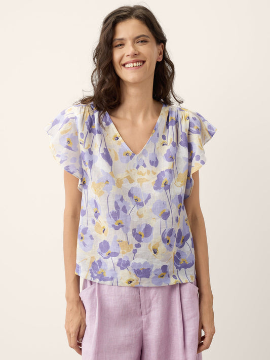 100% Linen Carnation Print Flutter Sleeve Top ELEANORA