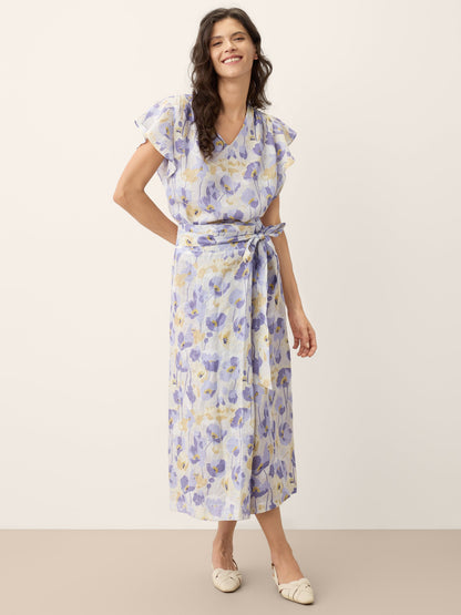 100% Linen Carnation Print Flutter Sleeve Top ELEANORA
