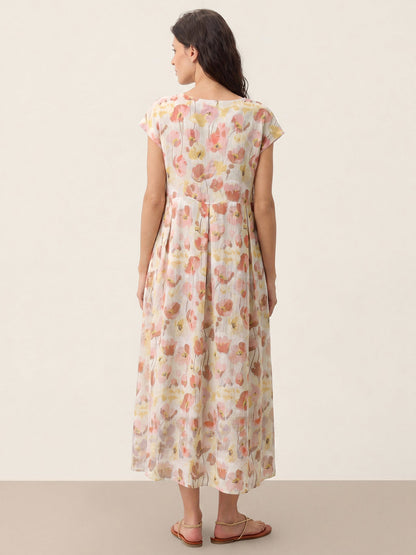 100% Linen Carnation Print Scalloped Waist Maxi Dress HARRIET