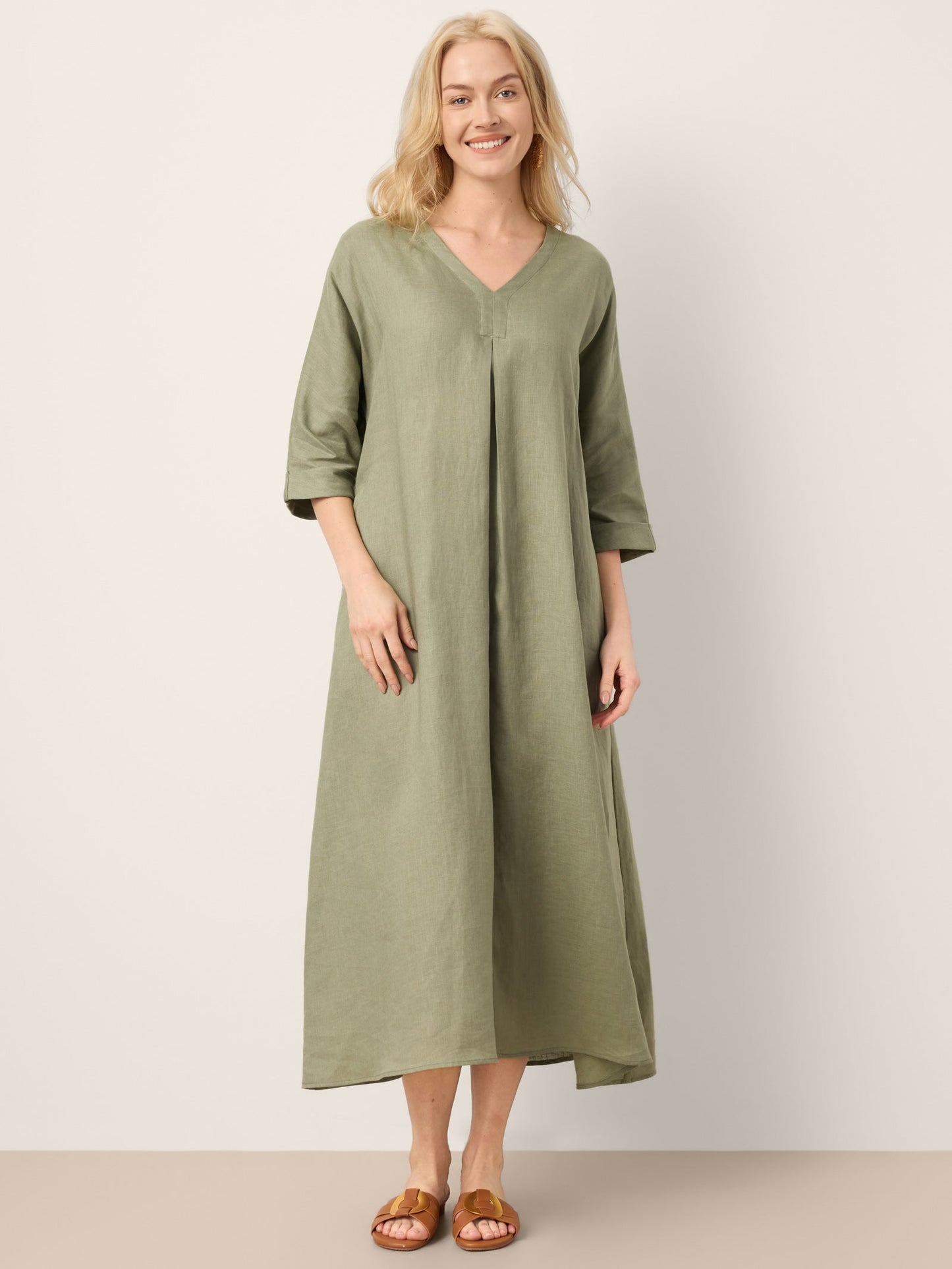 100% Linen Center Pleat V-Neck Cuffed Sleeve Midi Dress ZENOBIA