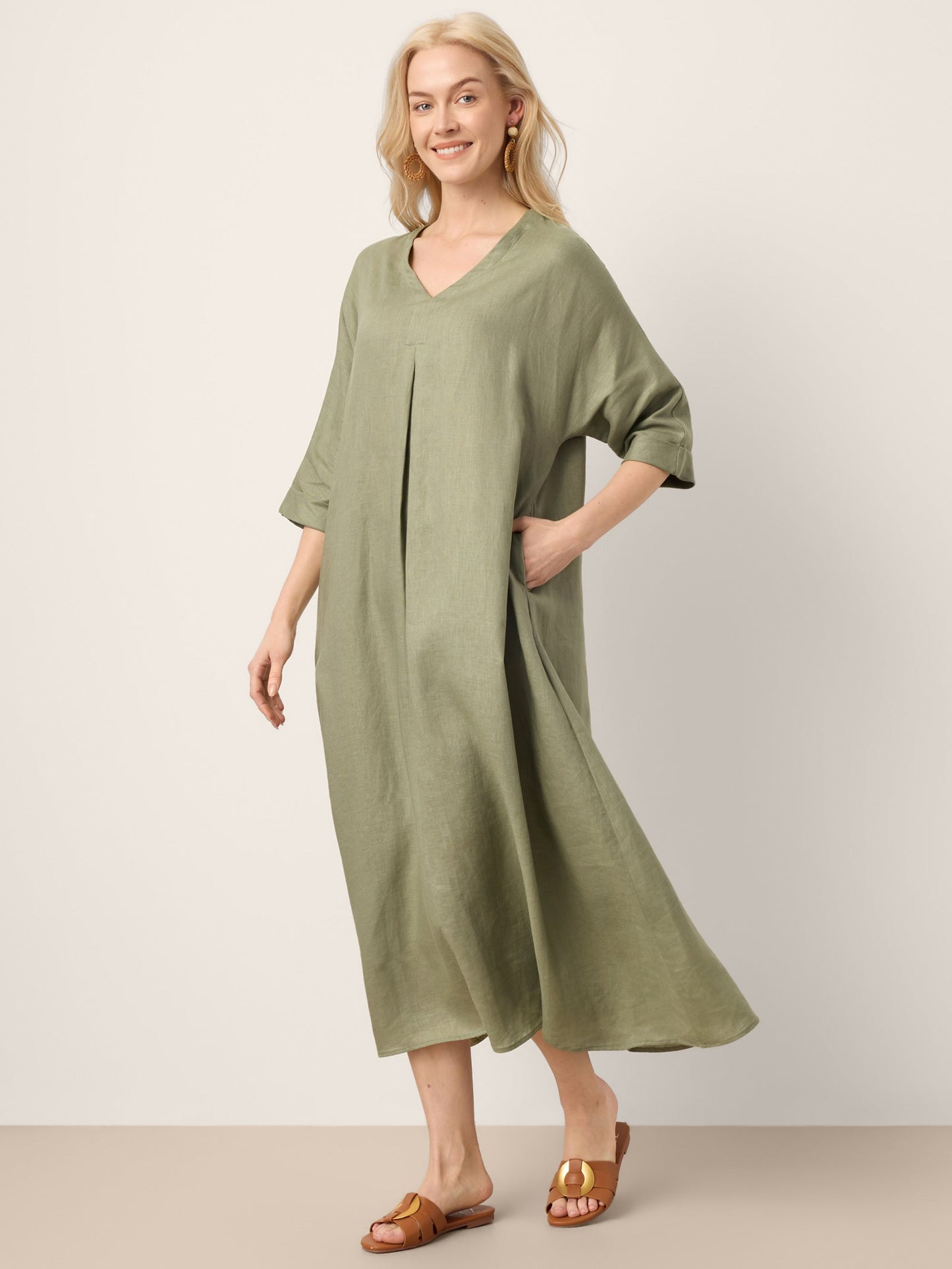 100% Linen Center Pleat V-Neck Cuffed Sleeve Midi Dress ZENOBIA