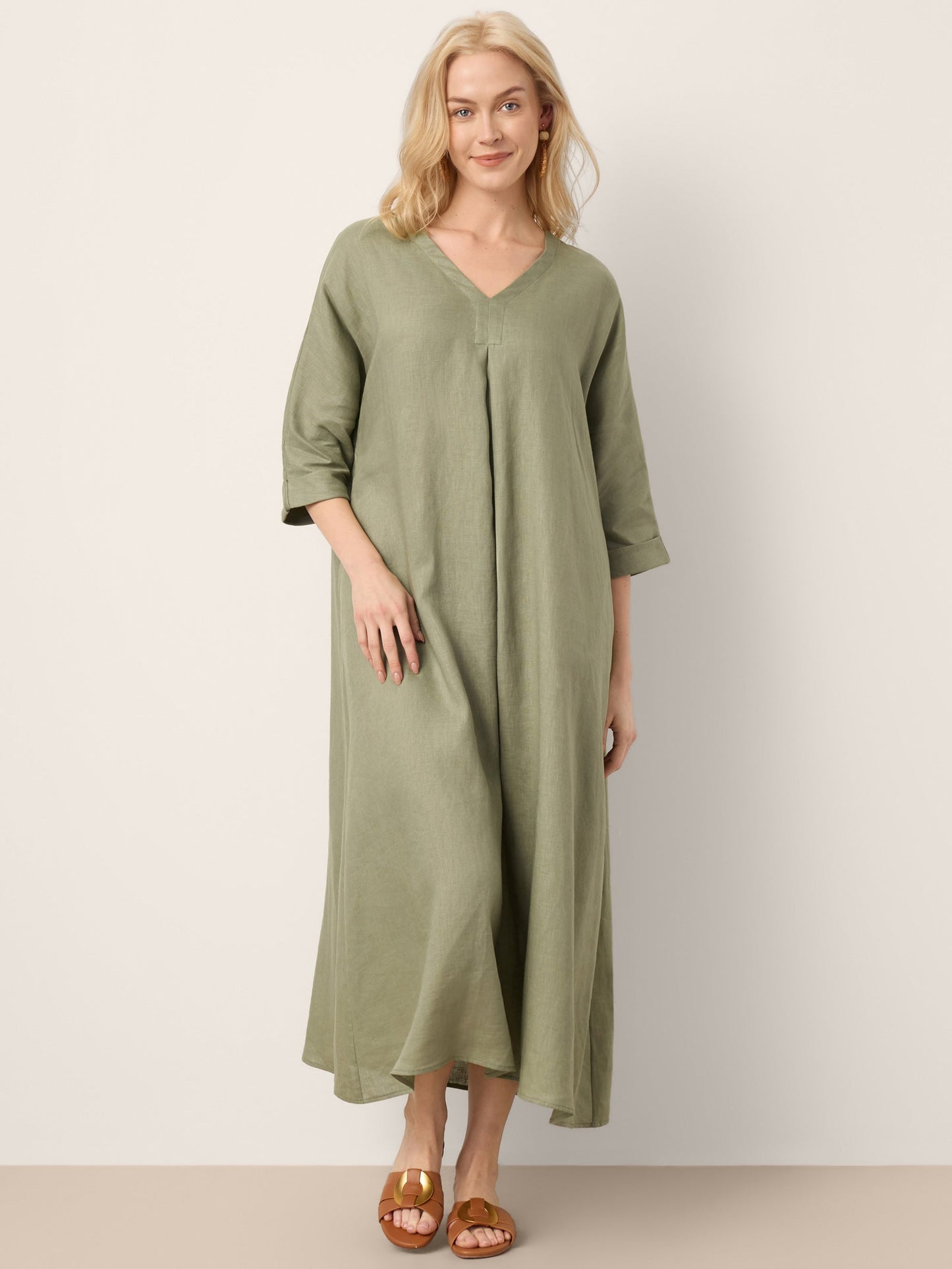 100% Linen Center Pleat V-Neck Cuffed Sleeve Midi Dress ZENOBIA