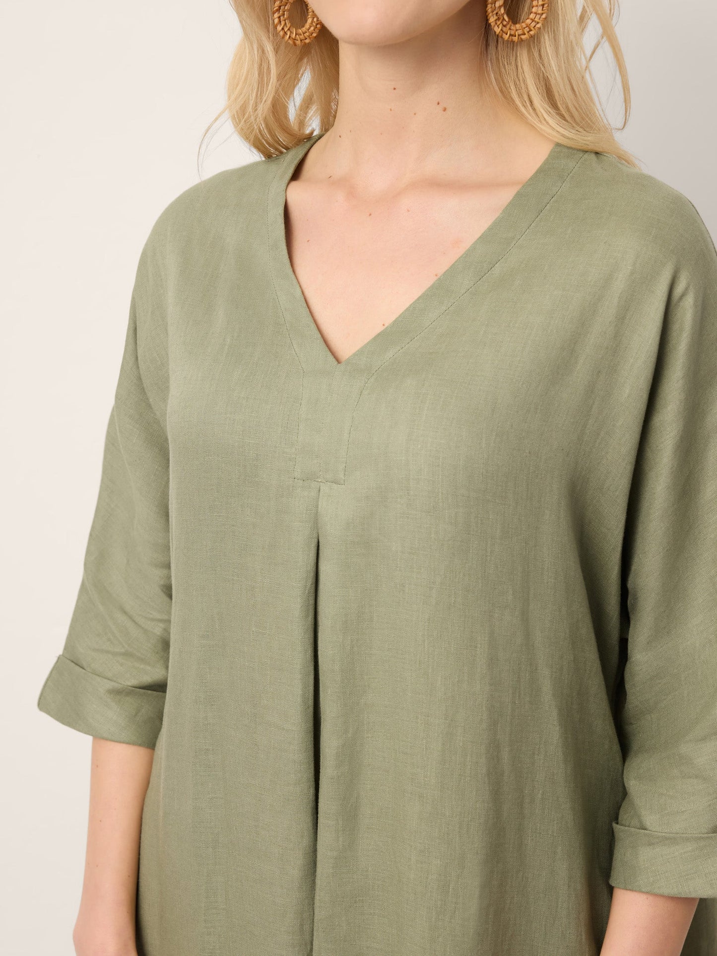 100% Linen Center Pleat V-Neck Cuffed Sleeve Midi Dress ZENOBIA