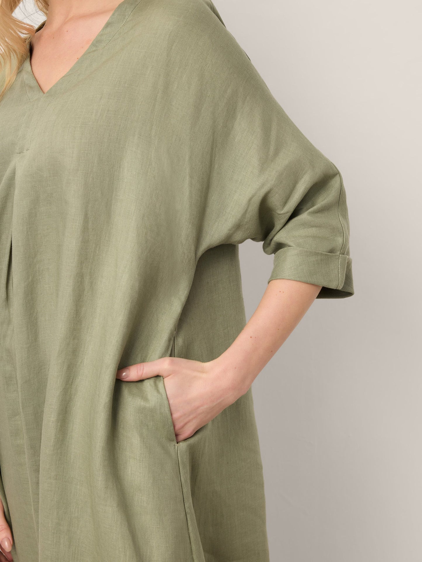 100% Linen Center Pleat V-Neck Cuffed Sleeve Midi Dress ZENOBIA