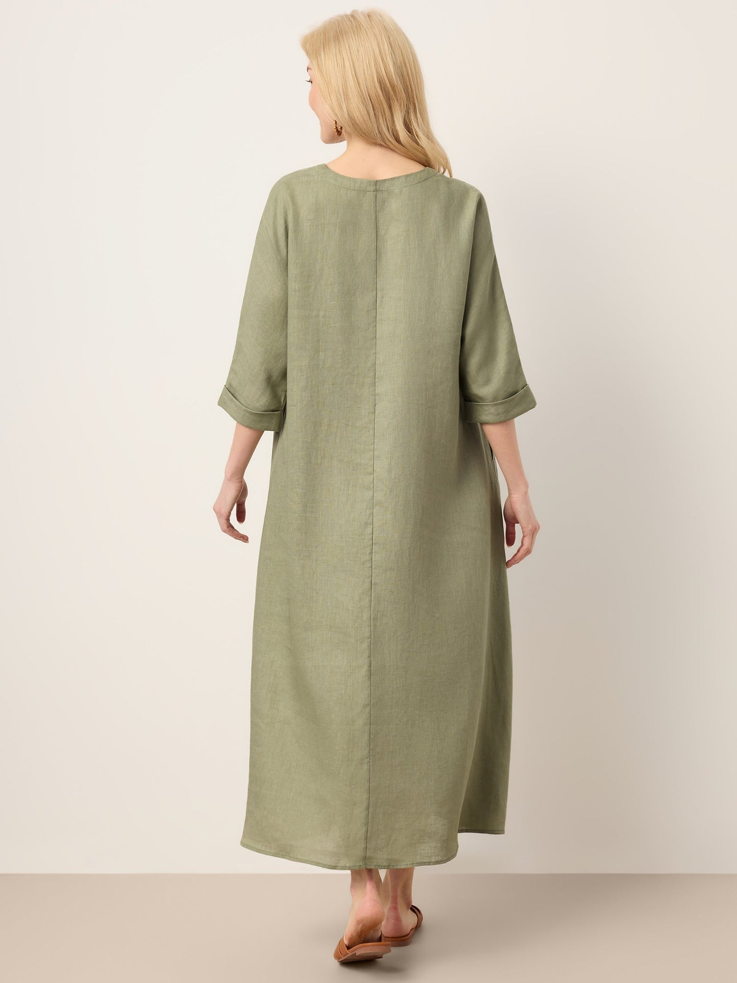 100% Linen Center Pleat V-Neck Cuffed Sleeve Midi Dress ZENOBIA