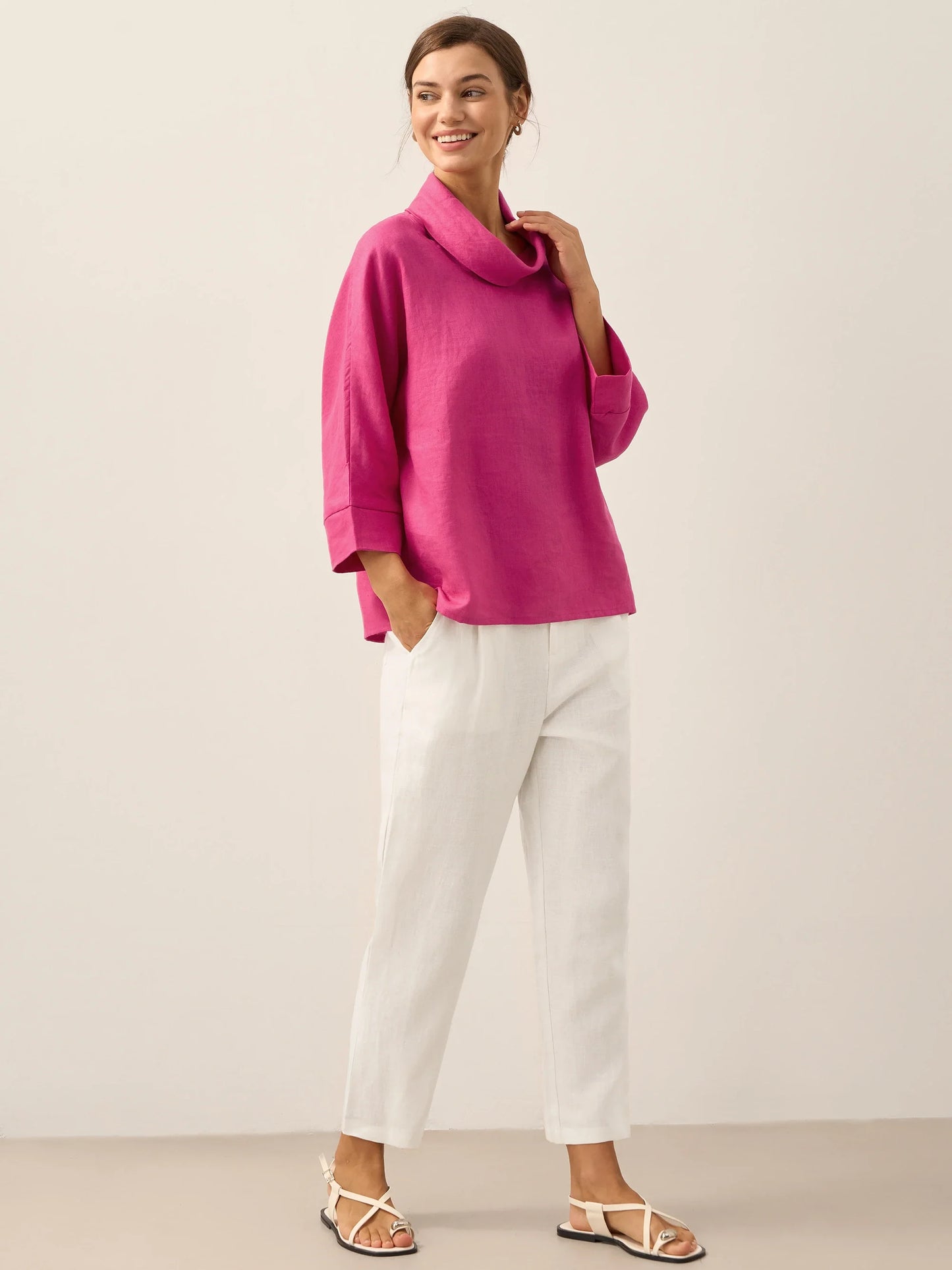 100% Linen Dropped Collar Long-Sleeve Top TRISTAN