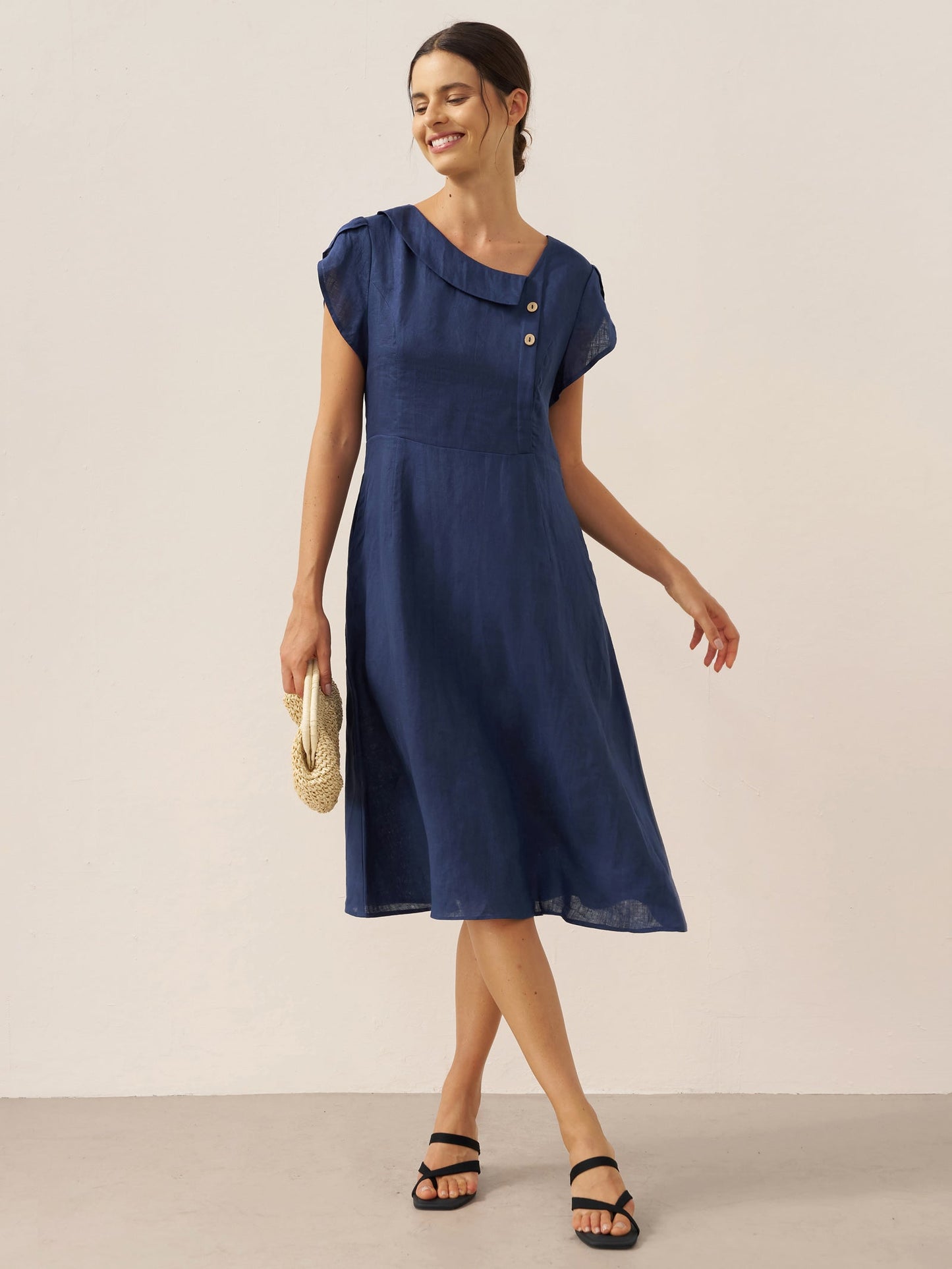 100% Linen Crescent Collar Flutter Sleeve Mini Dress FIONA