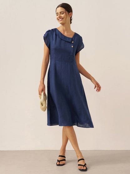 100% Linen Crescent Collar Flutter Sleeve Mini Dress FIONA
