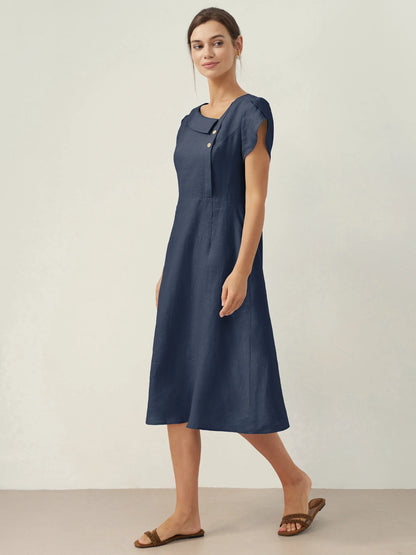 100% Linen Crescent Collar Flutter Sleeve Mini Dress FIONA