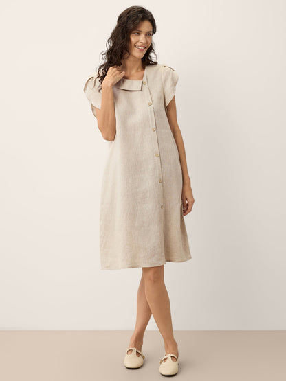 100% Linen Crescent Collar Ruffle Sleeve Mini Dress THERESA