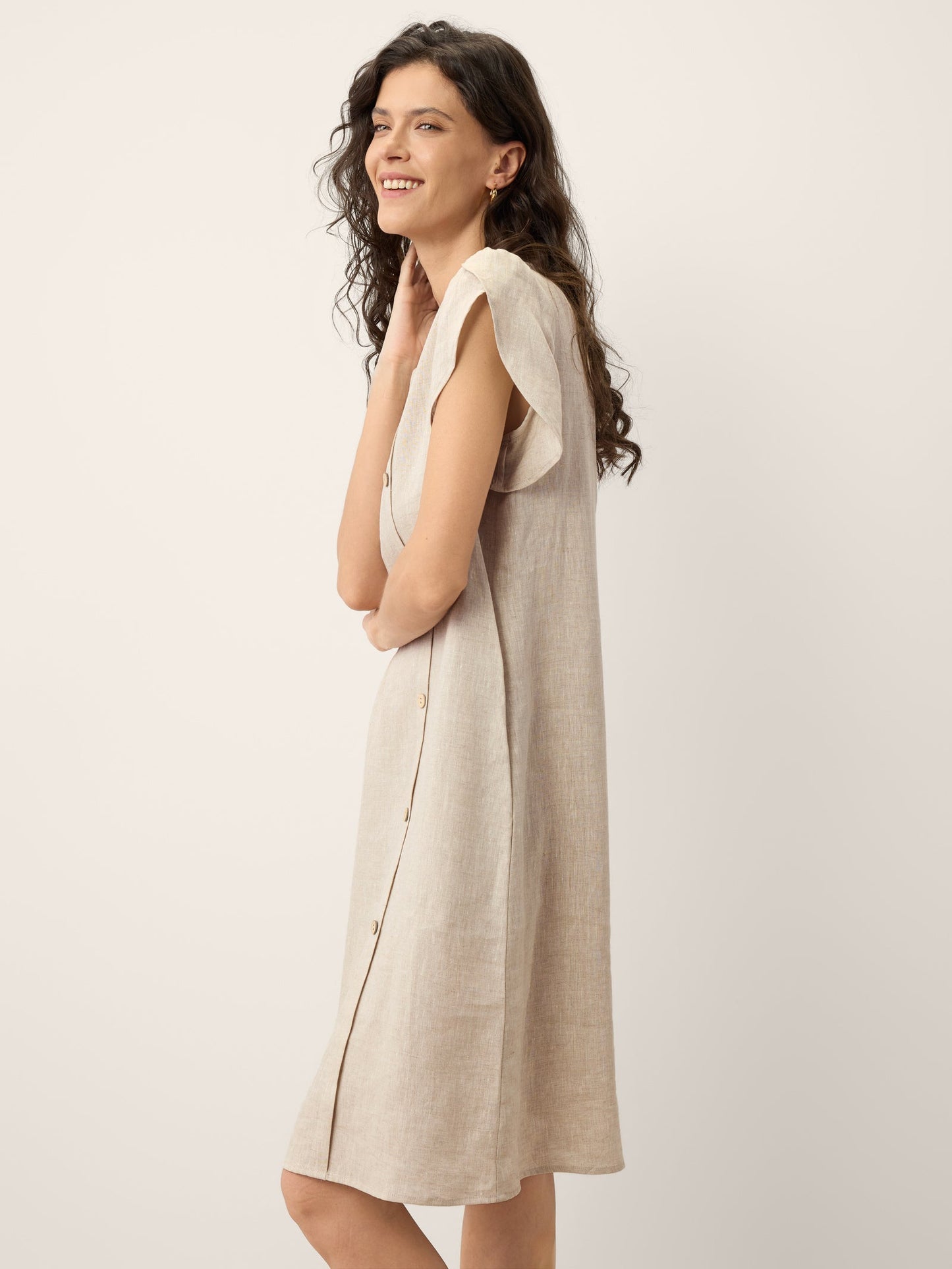 100% Linen Crescent Collar Ruffle Sleeve Mini Dress THERESA