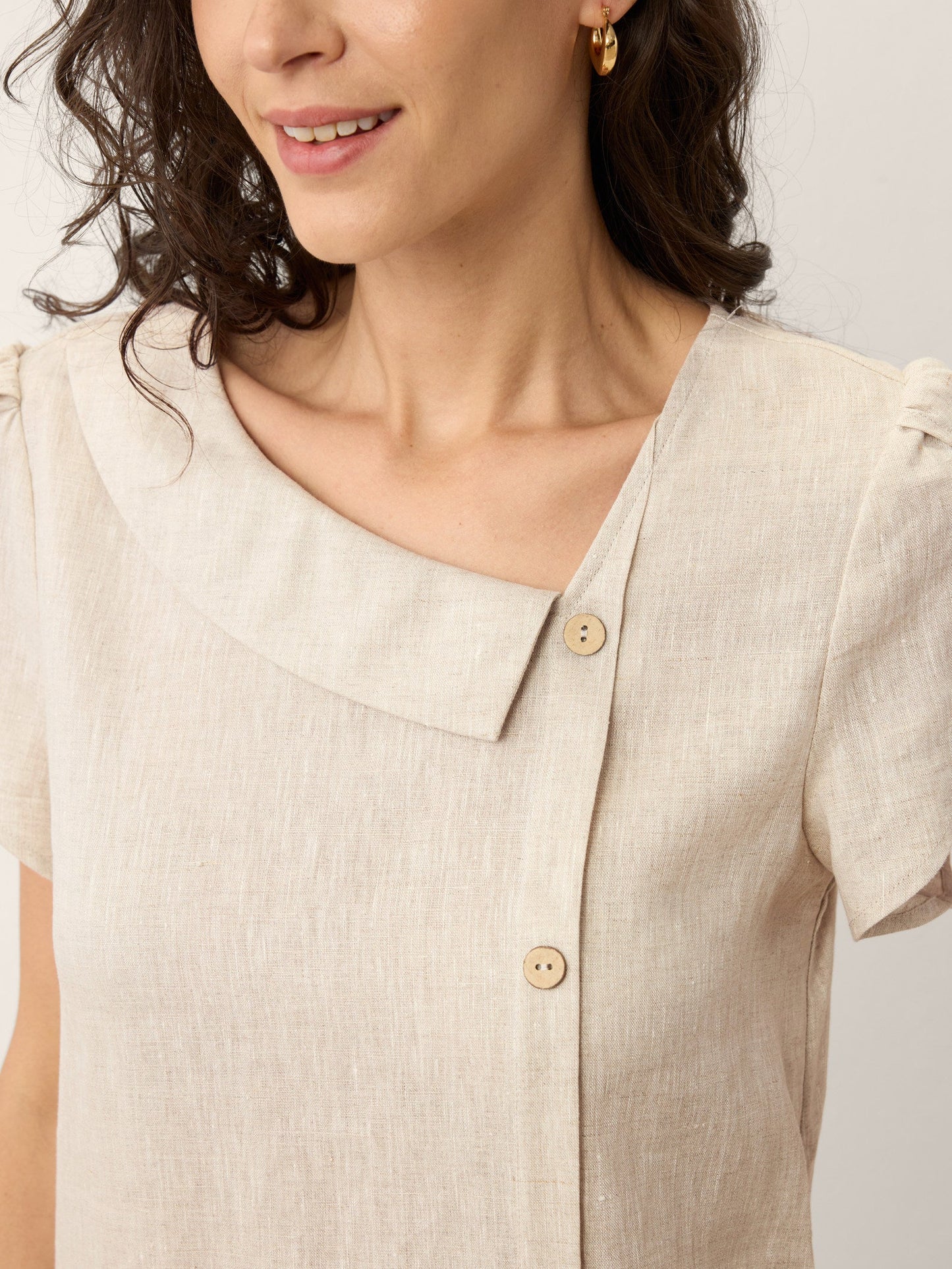 100% Linen Crescent Collar Ruffle Sleeve Mini Dress THERESA