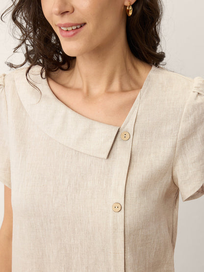 100% Linen Crescent Collar Ruffle Sleeve Mini Dress THERESA