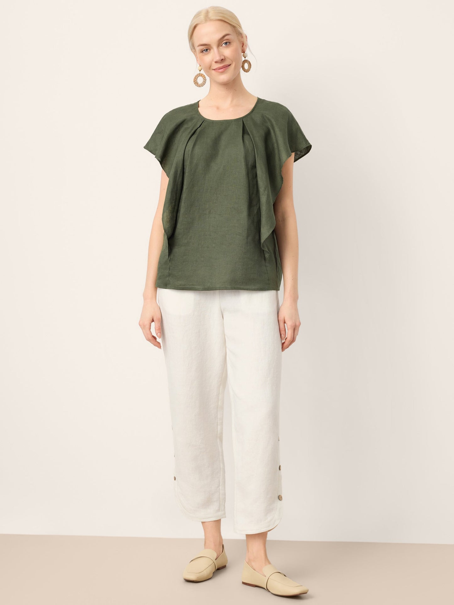 100% Linen Double Pleat Button Hem Pull-On Pants LINDSEY