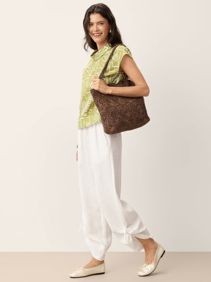 100% Linen Convertible Drawstring Hem Elasticated Waist Wide-Leg Pants YSELINE