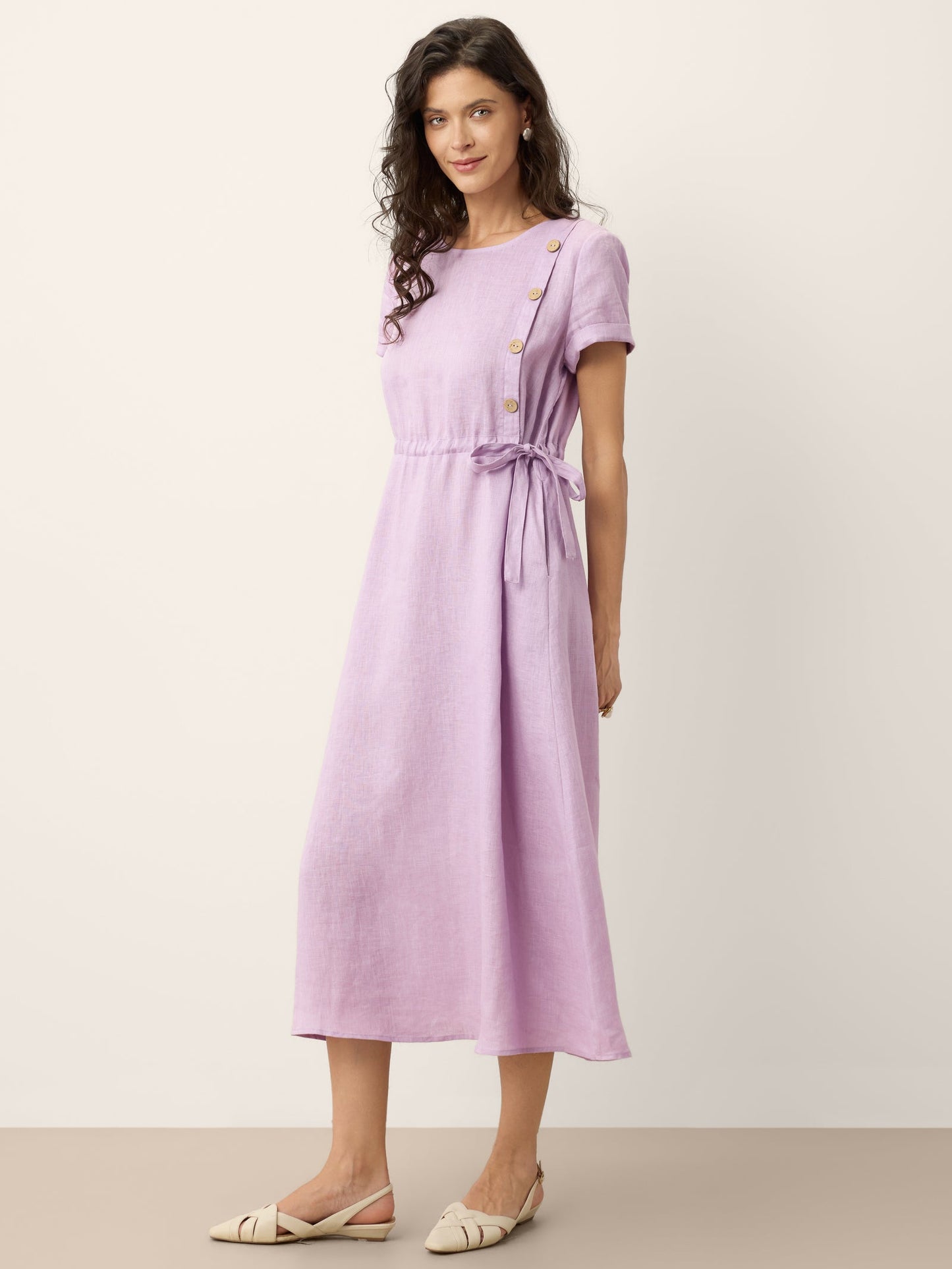 100% Linen Drawstring Waist Button Detail Midi Dress SENNA