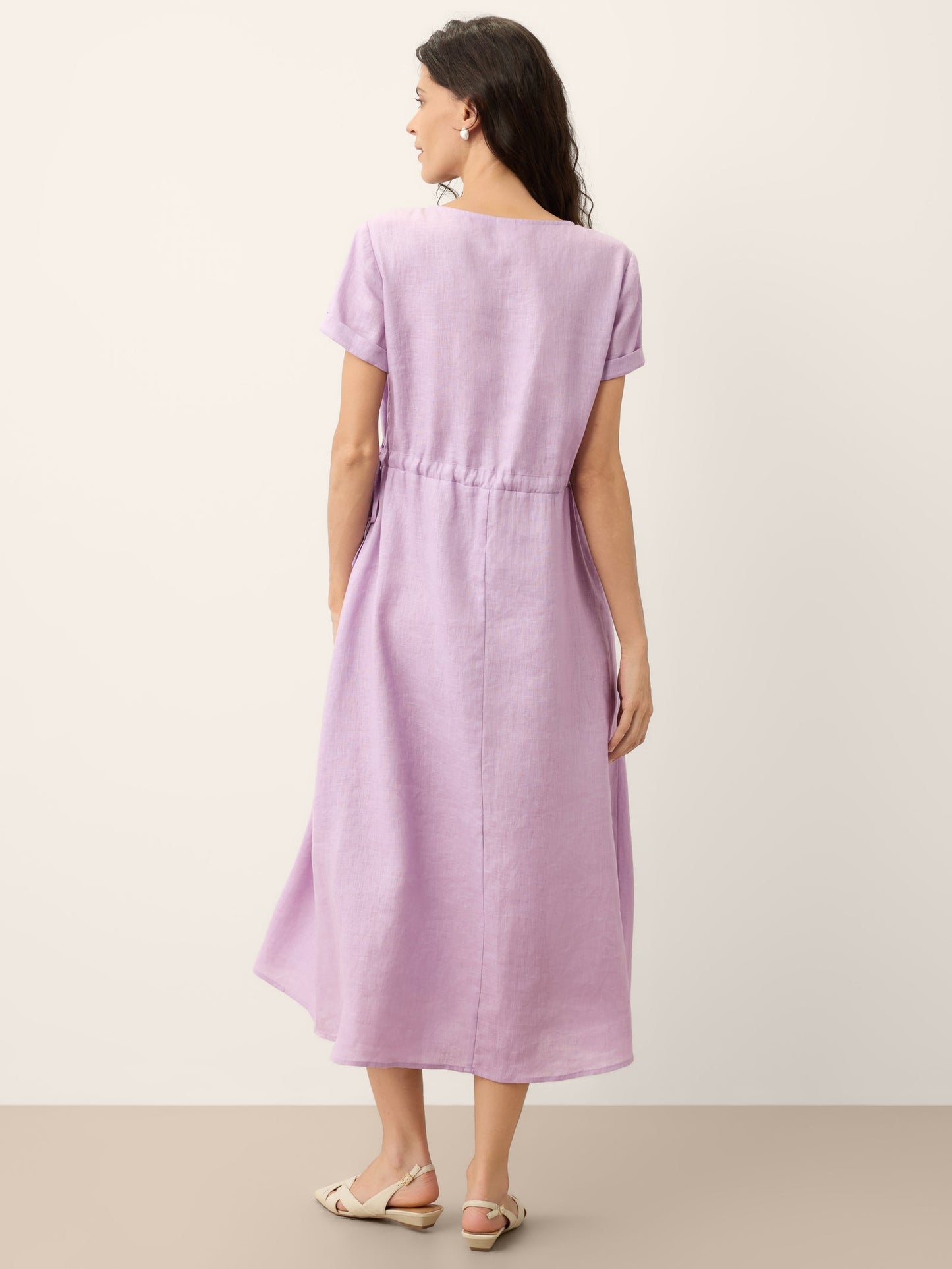 100% Linen Drawstring Waist Button Detail Midi Dress SENNA