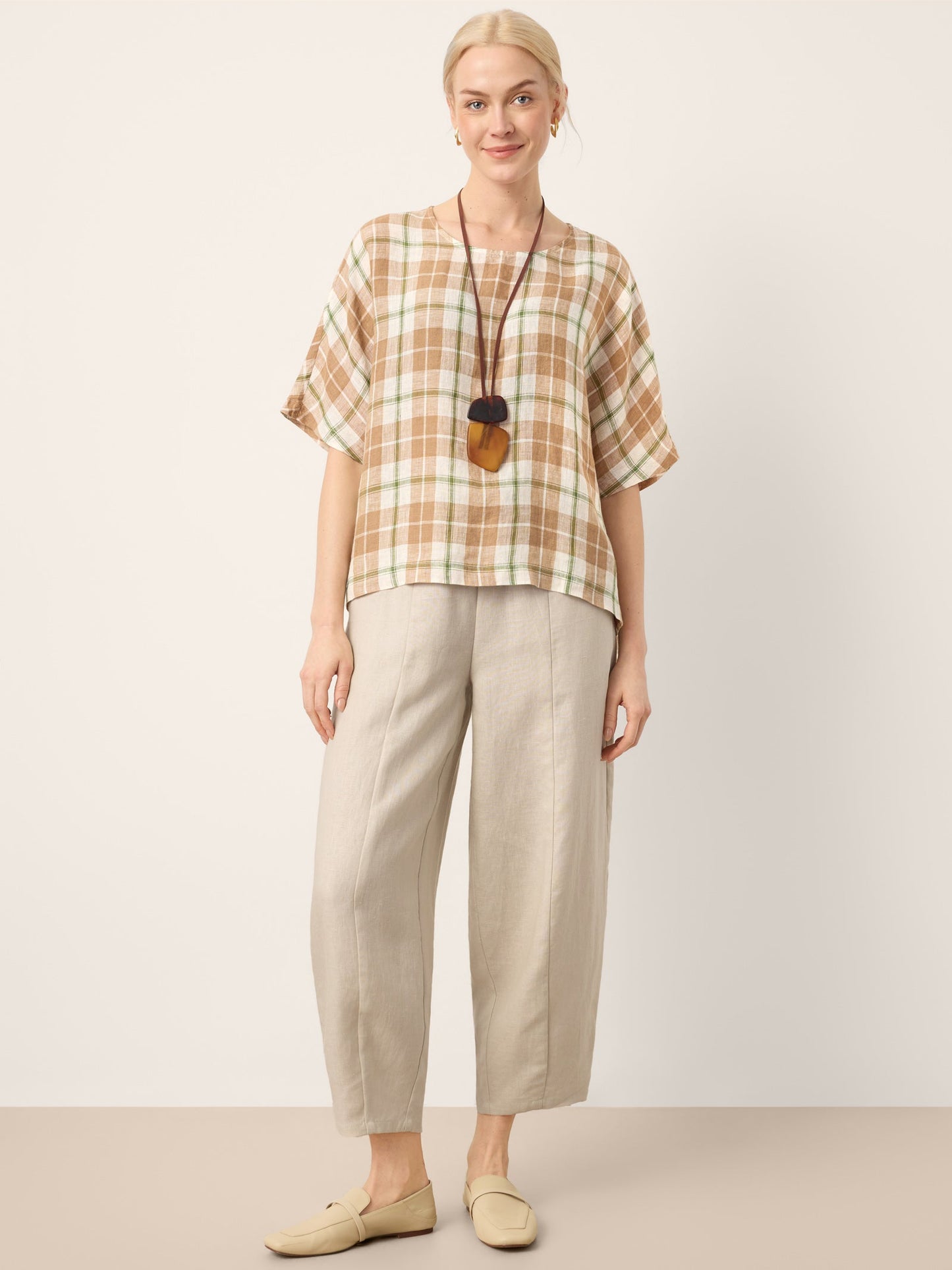 100% Linen Drawstring Waist Tapered Cropped Pants LANEY