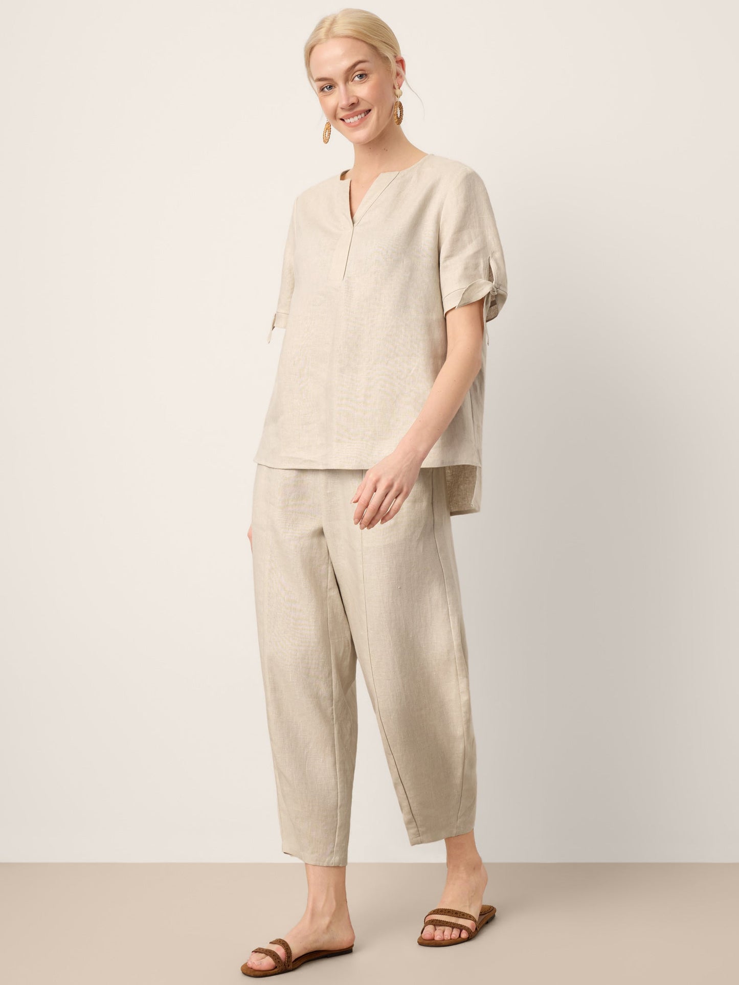 100% Linen Drawstring Waist Tapered Cropped Pants LANEY