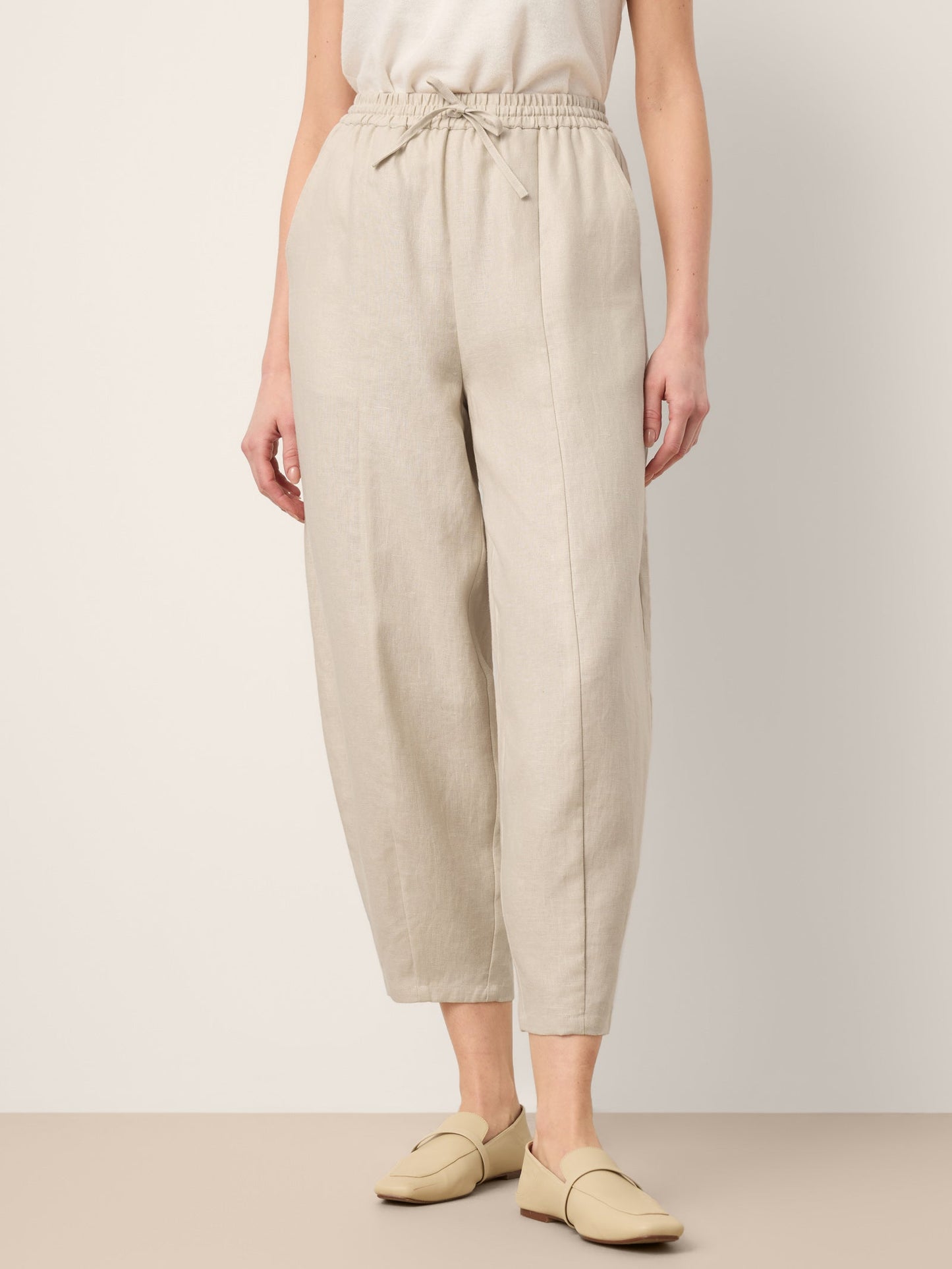 100% Linen Drawstring Waist Tapered Cropped Pants LANEY