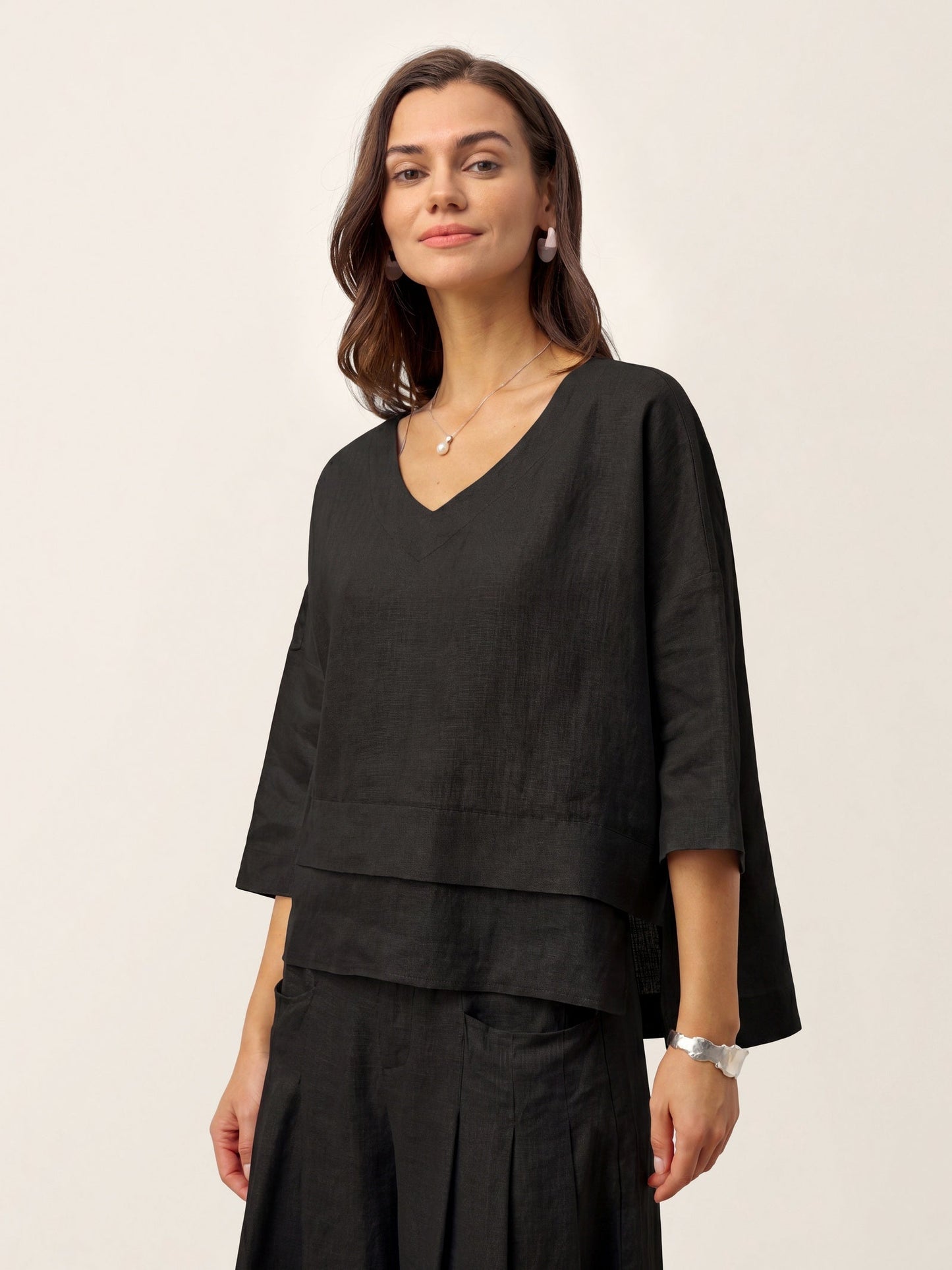 100% Linen Drop Shoulder Asymmetric Layered Hem Overtop VIOLA